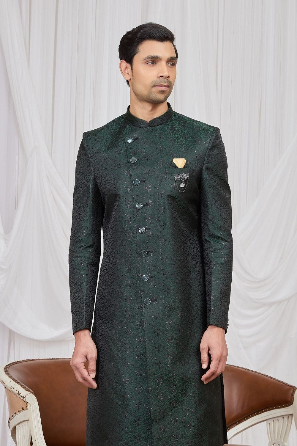 Dark Green Jacquard Weaving Work Sherwani Kurta Set for Men & Pajama - close-up view