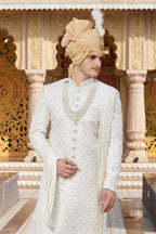 Cream Art Silk Traditional Indo Western Sherwani Long Kurta with Pant & Dupatta for Men for Wedding - Embroidery Work - close-up view