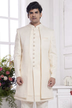 Cream Jacquard Silk Indo Western Traditional Sherwani Kurta with Jacket & Pant for Men for Wedding - Embroidery Work - close-up view