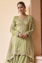 Light Green Chinon Silk Plazo Suit For Indian & Pakistani Wedding Festival - Dori Work, Sequence Embroidery Work - close-up view