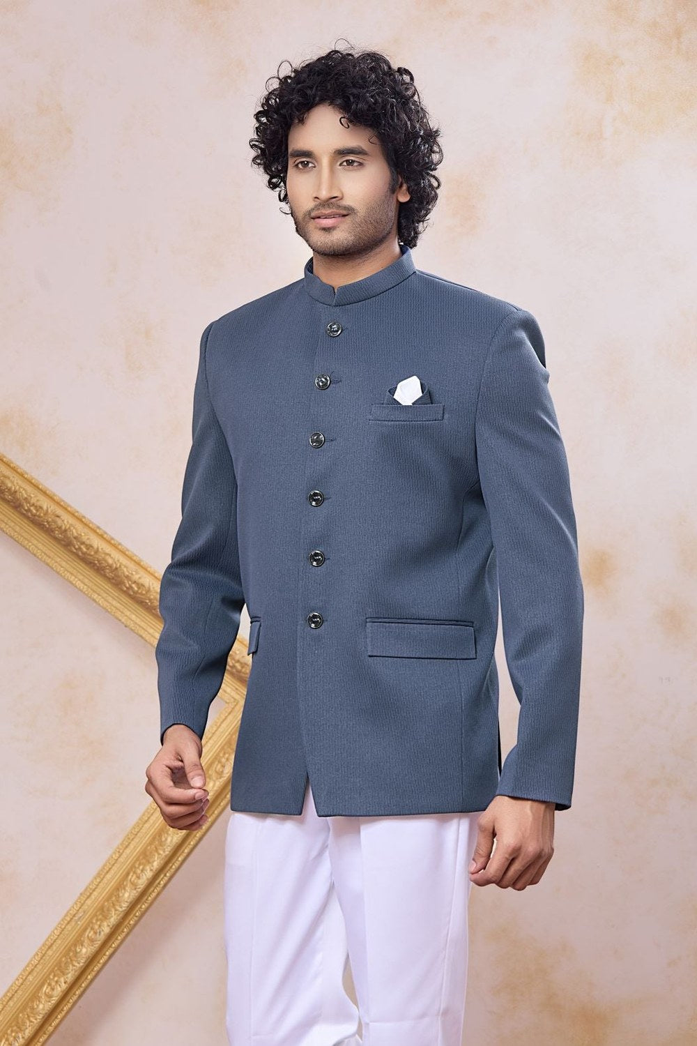 Plain Steel Grey Art Silk Jodh Puri Suit & Pant - close-up view