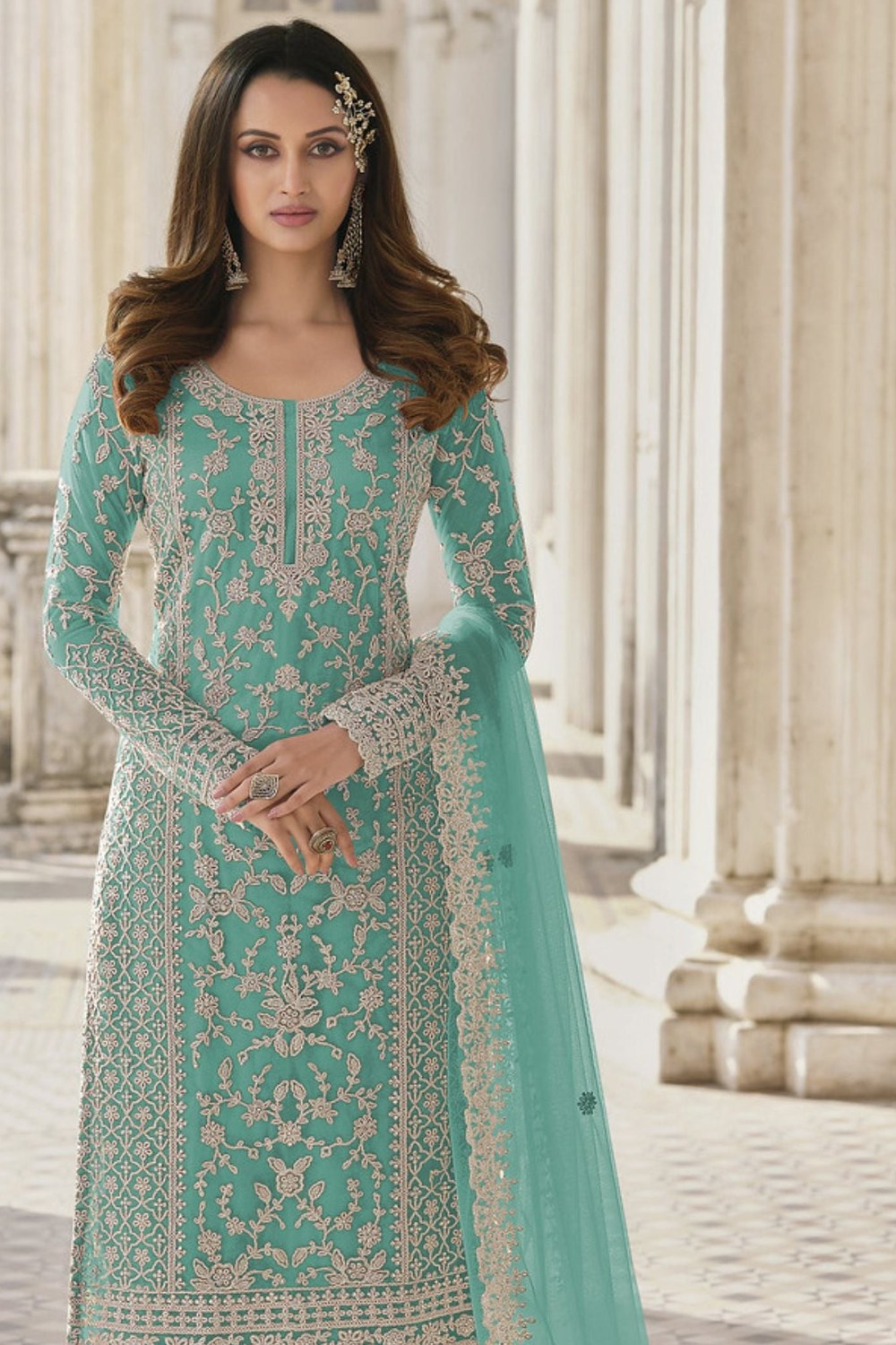 Turquoise Net Kameez Plazzo Suit For Indian Wedding & Pakistani Festival Dress - Embroidery Work - close-up view