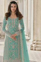 Turquoise Net Kameez Plazzo Suit For Indian Wedding & Pakistani Festival Dress - Embroidery Work - close-up view