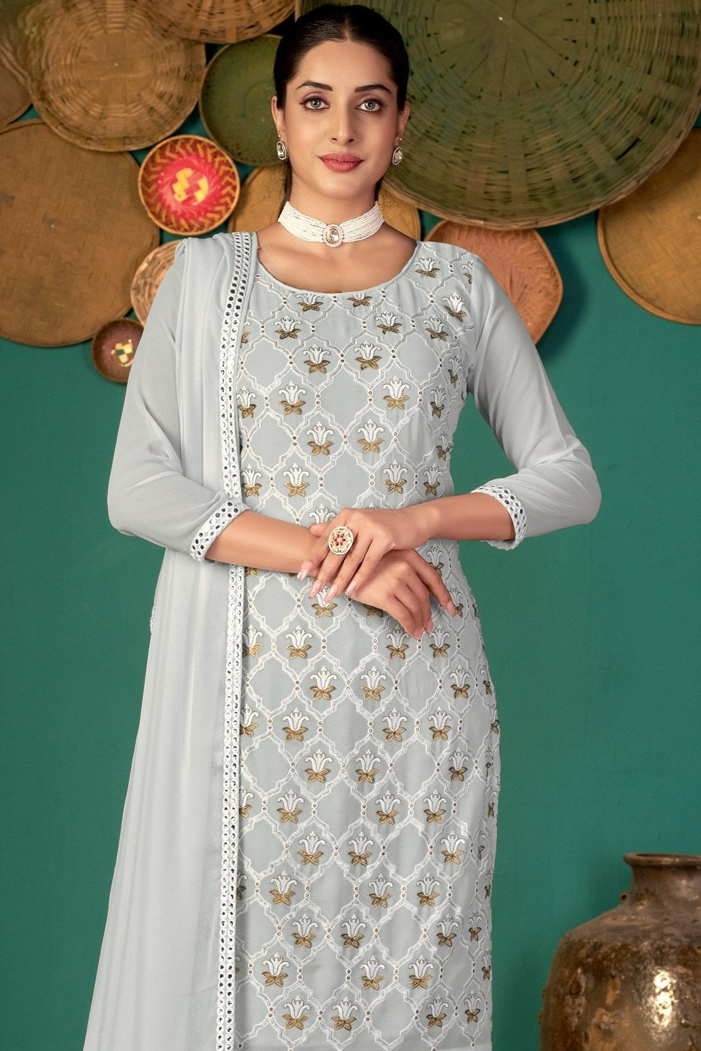 Light Gray Georgette Kameez with Pant For Ladies Indian Festivals & Weddings - Embroidery Work RTS - close-up view