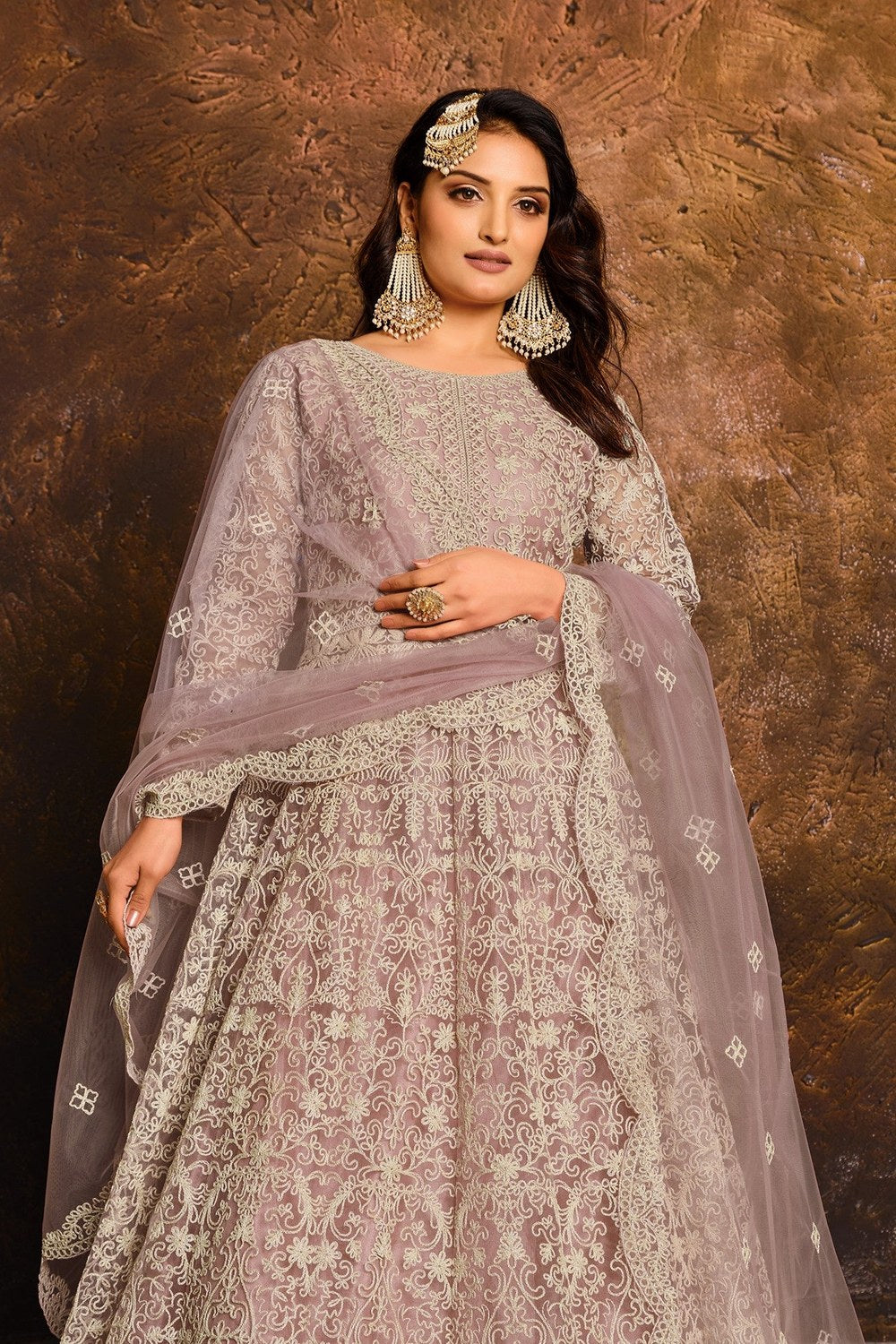 Purple Net Anarkali with Embroidery for Sangeet Outfits for Women - close-up view