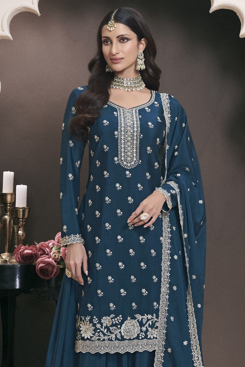 Teal Chinon Silk Gharara Dress for Reception Function - Embroidery Work - close-up view