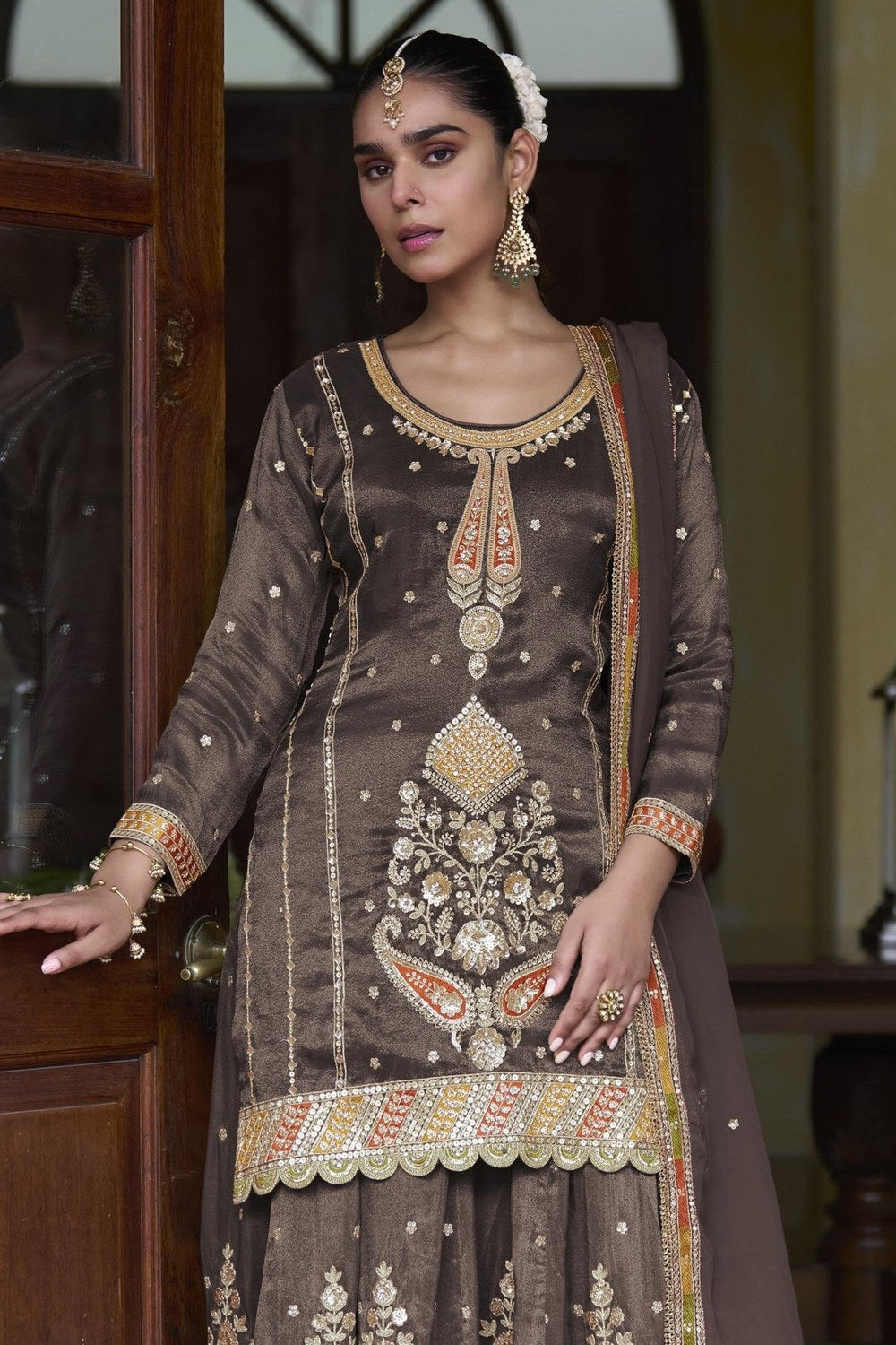 Brown Simmer Silk Kameez with Skirt Suit For Indian & Pakistani Wedding Festival - Thread & Sequins Embroidery Work - close-up view