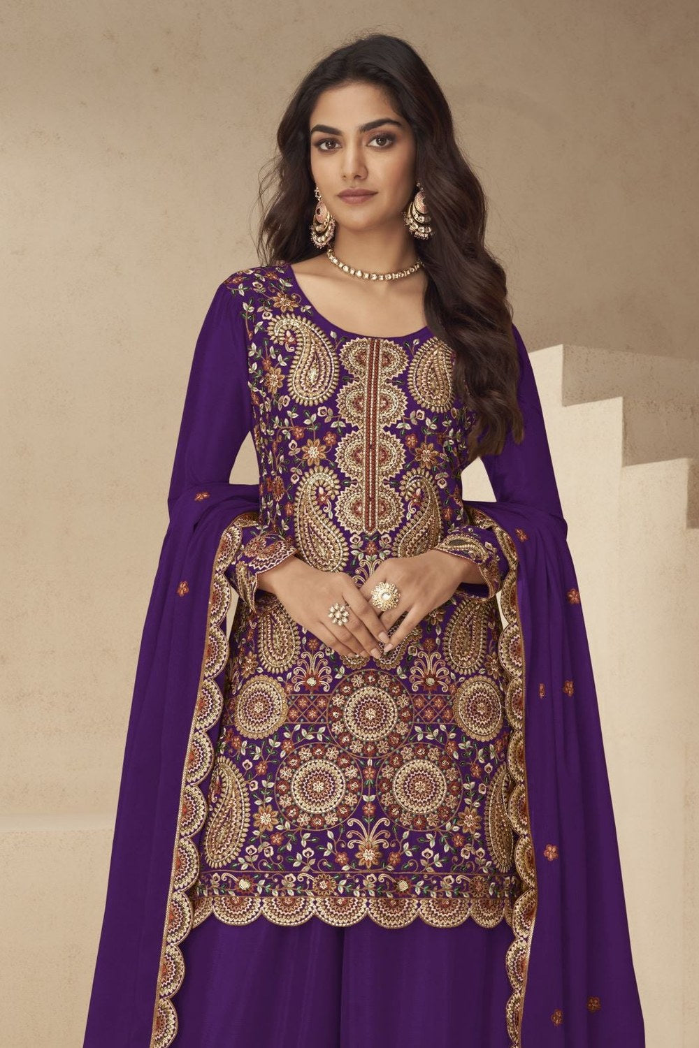 Purple Chinon Silk Plazo Suit for Women with Embroidery - close-up view