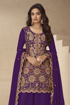 Purple Chinon Silk Plazo Suit for Women with Embroidery - close-up view