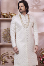 Cream Art Silk Indo Western Traditional Sherwani Long Kurta & Pant Suit for Men for Wedding - Thread Embroidery Work - close-up view