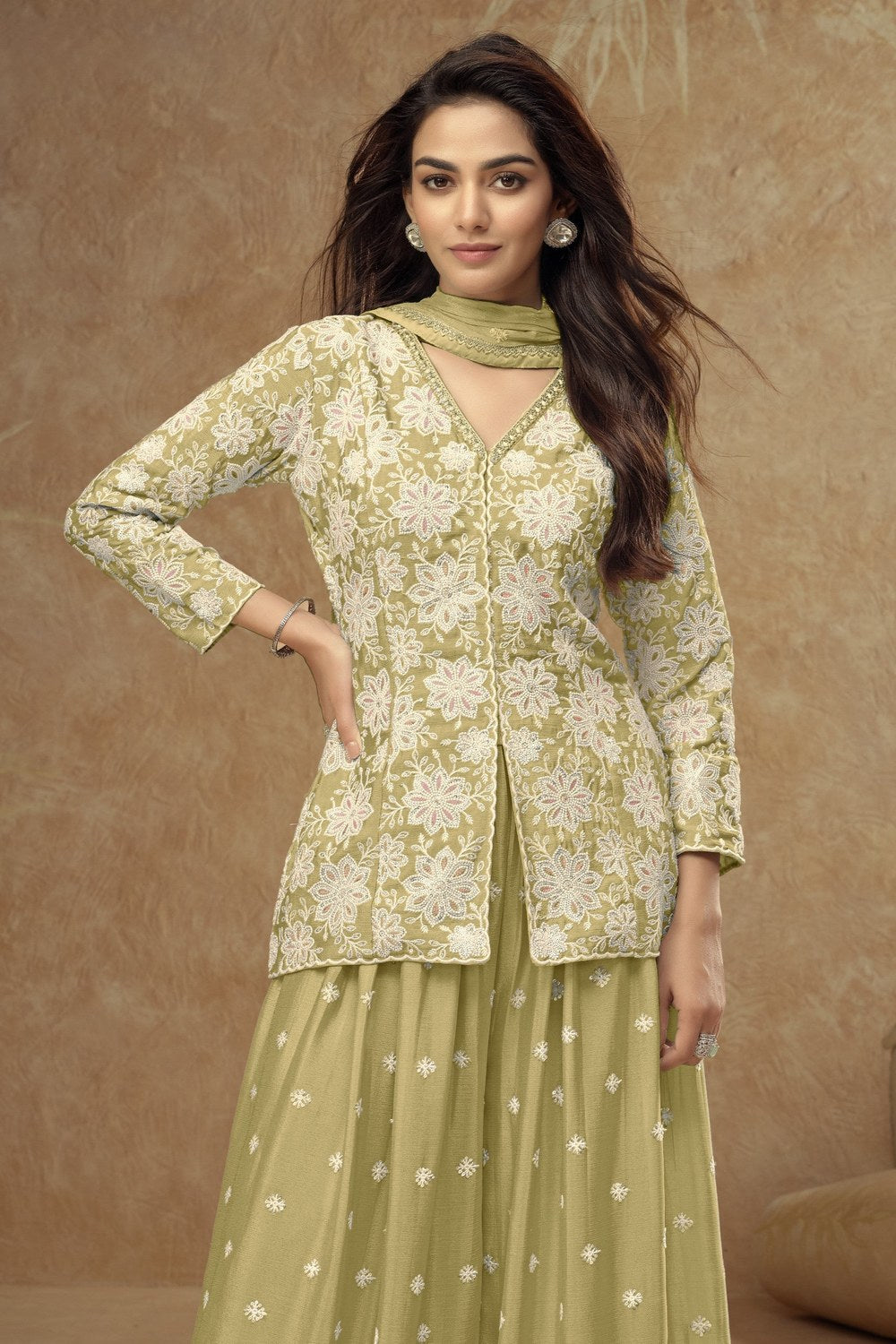 Olive Green Chinon Silk Pastel Indian Plazo Suit with Thread Embroidery - close-up view