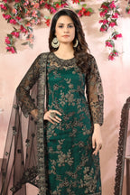 Green Net Traditional Pakistani Clothing Kameez with Pant - close-up view