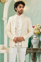 Cream Art Silk Traditional Jodhpuri Suits with Jacket & Pant for Men for Wedding - Thread Embroidery Work - close-up view
