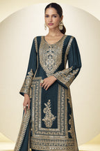 Dark Teal Wedding Outfits: Chinon Silk Sequin Kameez & Pant - close-up view