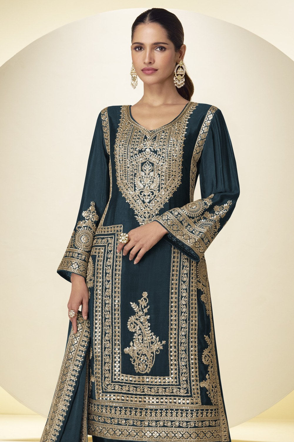 Dark Teal Wedding Outfits: Chinon Silk Sequin Kameez & Pant - close-up view