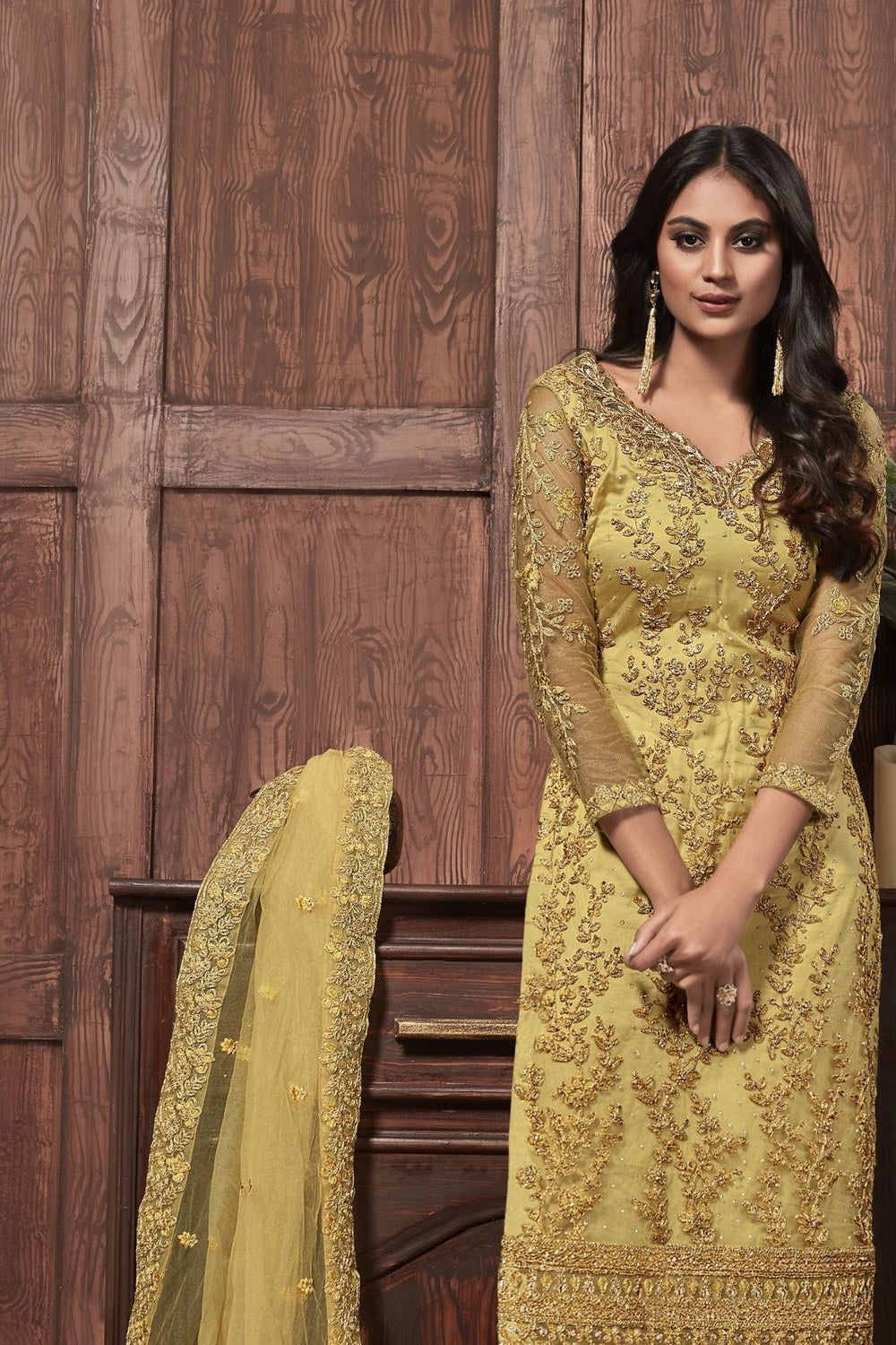 Yellow Net Kameez With Pant For Ladies Wedding & Festival - Embroidery Work 1400 - close-up view