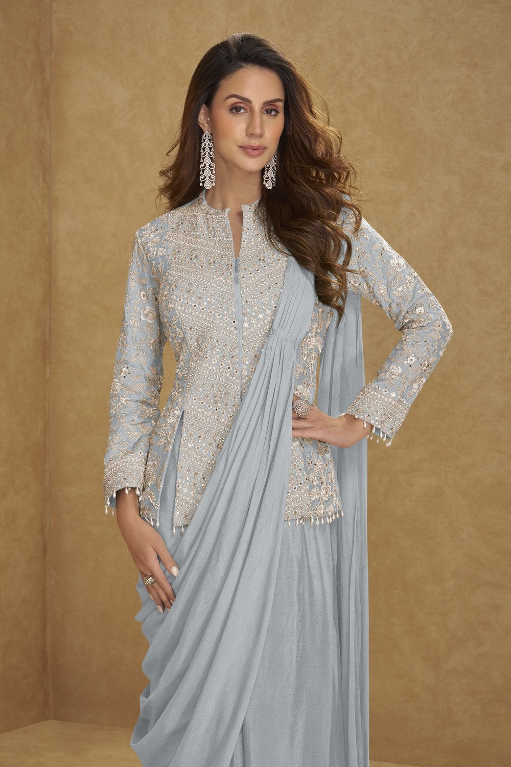 Powder Blue Chinon Silk Jacket with Draped Saree with Embroidery - close-up view