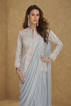 Powder Blue Chinon Silk Jacket with Draped Saree with Embroidery - close-up view