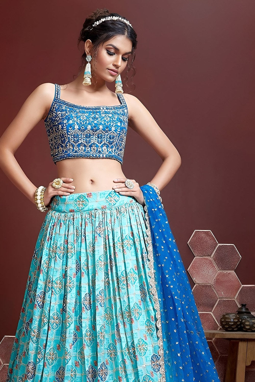 Sky Blue Banglori Silk Party Wear Lehenga Choli For Indian & Pakistani Wedding Festival - Embroidery Work, Print Work, Real Mirror Work - close-up view