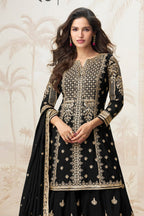 Black Chinon Silk Palazzo Suit for Muslim Wedding Dresses For Guests - Sequence Embroidery Work, Embroidery Work - close-up view