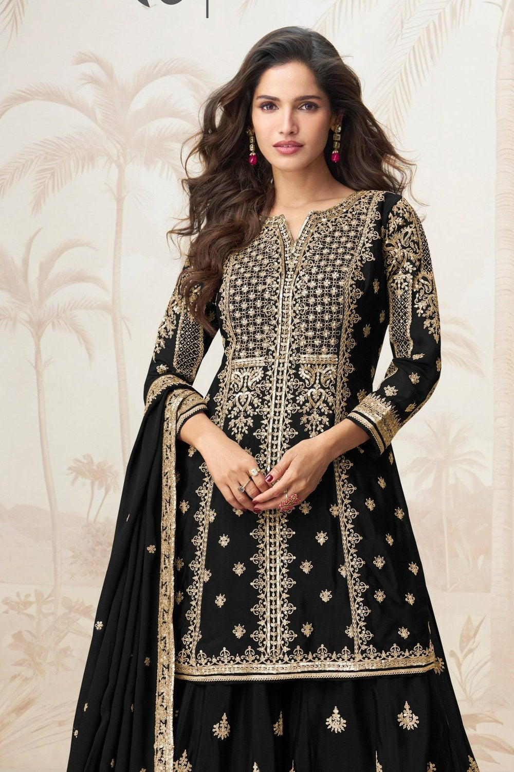 Black Chinon Silk Palazzo Suit for Muslim Wedding Dresses For Guests - Sequence Embroidery Work, Embroidery Work - close-up view