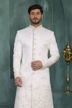 White Thread Work Kurta for Men Marriage & Pajama - Art Silk Sherwani - close-up view