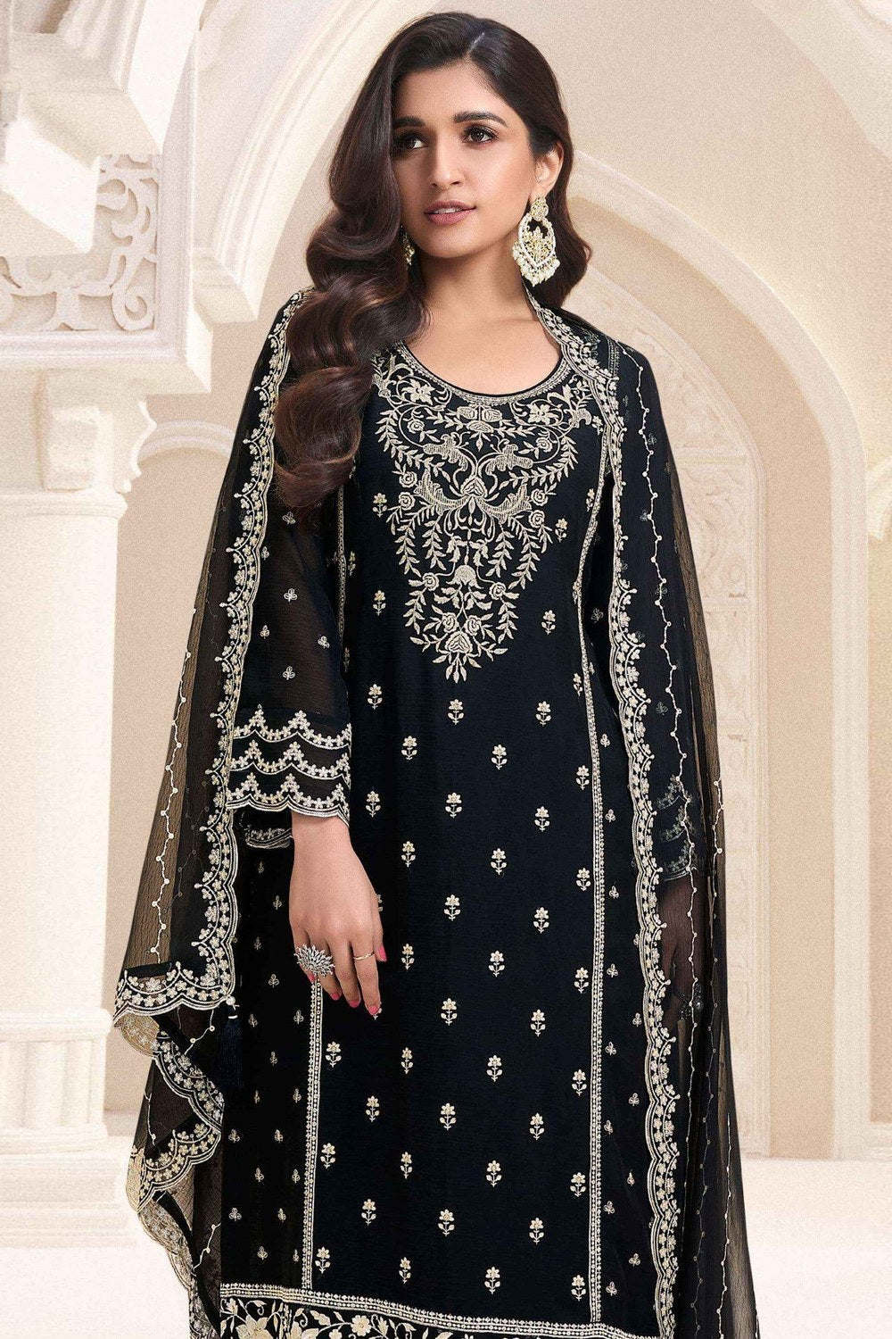 Black Chiffon Silk Long Kameez Pant Suit For Indian Festivals & Weddings - Embroidery Work - close-up view