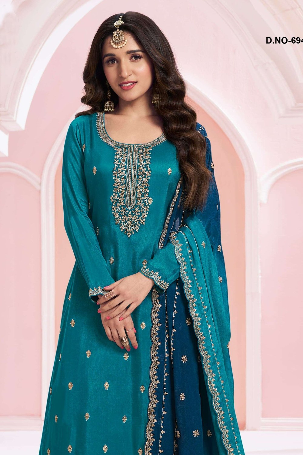 Teal Silk Georgette Indian Wedding Guest Attire Plazo Suit - Embroidery Work - close-up view