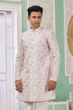 Lilac Pink Jacquard Silk Men's Indo Western Clothing with Embroidery - close-up view