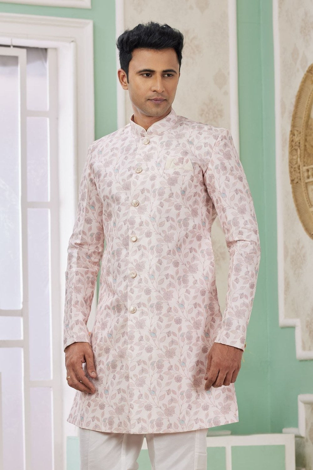 Lilac Pink Jacquard Silk Men's Indo Western Clothing with Embroidery - close-up view