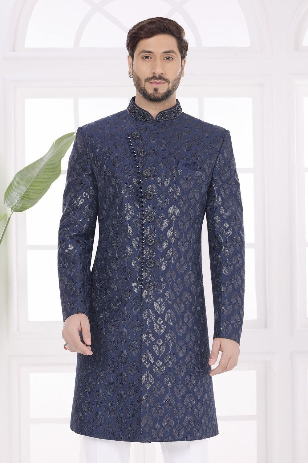 Navy Blue Art Silk Kurta Mens Wear & Pajama with Thread Embroidery Work - close-up view
