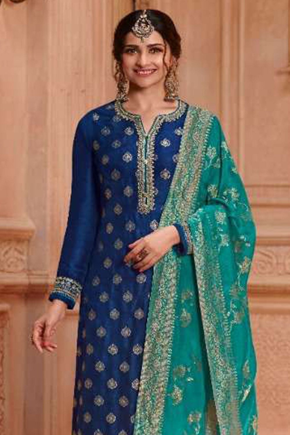Navy Blue Jacquard Silk Kameez With Pant For Indian Suit Festivals & Pakistani Weddings Dress - Embroidery Work - close-up view