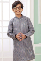 Lavender Gray Art Silk 2 Piece Kids Wear Boys Suit Long Kurta Pajama for Kids for Festivals & Wedding - Embroidery Work - close-up view