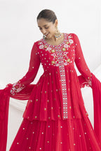 Party Wear Floral Embroidery Suit in Pinkish Red Georgette Kameez and Skirt - close-up view