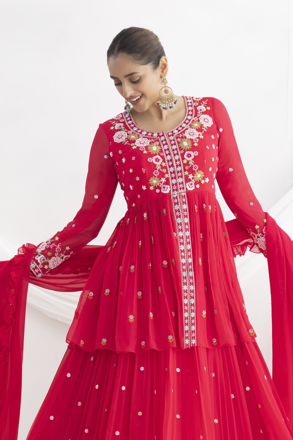 Party Wear Floral Embroidery Suit in Pinkish Red Georgette Kameez and Skirt - close-up view