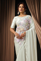 Off White Satin Silk Saree for Wedding Guest - Sequin, Applique, Bead Work - close-up view