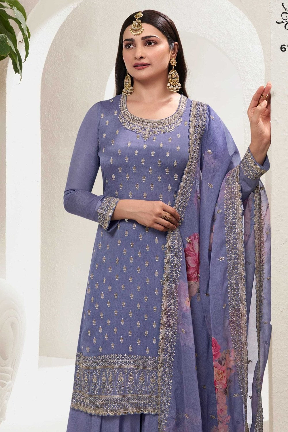 Purple Chinon Silk Palazzo Suit For Indian Festivals & Pakistani Plazo Weddings Dress - Embroidery Work, Print Work - close-up view