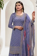 Purple Chinon Silk Palazzo Suit For Indian Festivals & Pakistani Plazo Weddings Dress - Embroidery Work, Print Work - close-up view