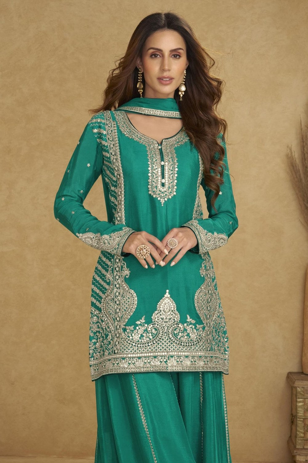 Teal Chinon Silk Plazo Suit For Indian & Pakistani Wedding Festival - Thread & Sequins Embroidery Work - close-up view