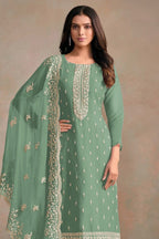 Green Organza Silk Kameez With Pant For Indian & Pakistani Wedding Festival - Embroidery Work - close-up view