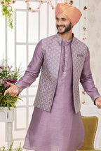 Purple Art Silk Kurta Pajama with Waistcoat Jacket for Men for Festivals & Wedding - Embroidery Work - close-up view