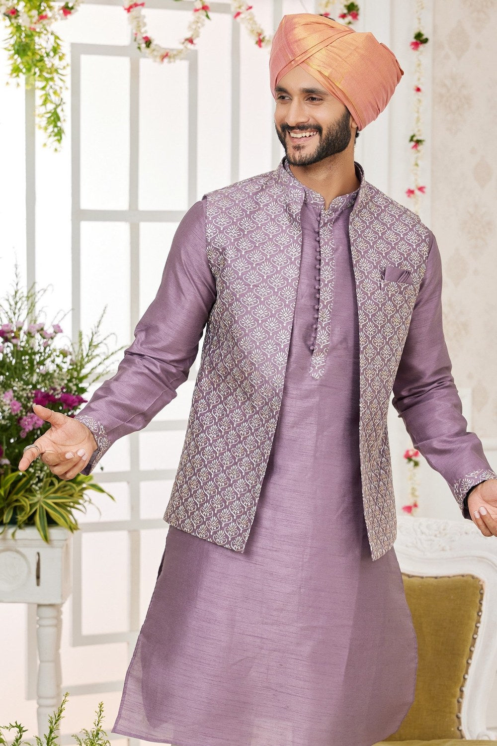 Purple Art Silk Kurta Pajama with Waistcoat Jacket for Men for Festivals & Wedding - Embroidery Work - close-up view