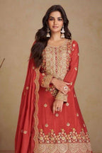 Red Chinon Silk Plazo Suit for Women with Mirror & Embroidery Work - close-up view