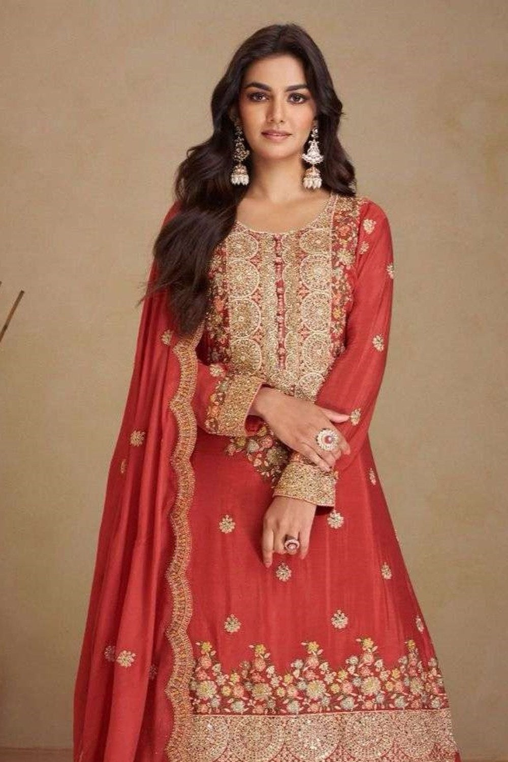 Red Chinon Silk Plazo Suit for Women with Mirror & Embroidery Work - close-up view