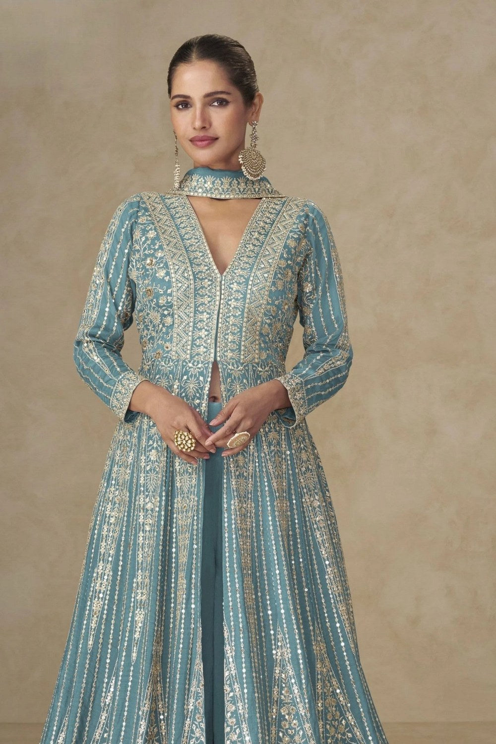 Ocean Blue Chinon Silk Anarkali Suit With Palazzo For Indian & Pakistani Wedding Festival - Sequins & Thread Embroidery Work - close-up view
