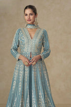 Ocean Blue Chinon Silk Anarkali Suit With Palazzo For Indian & Pakistani Wedding Festival - Sequins & Thread Embroidery Work - close-up view