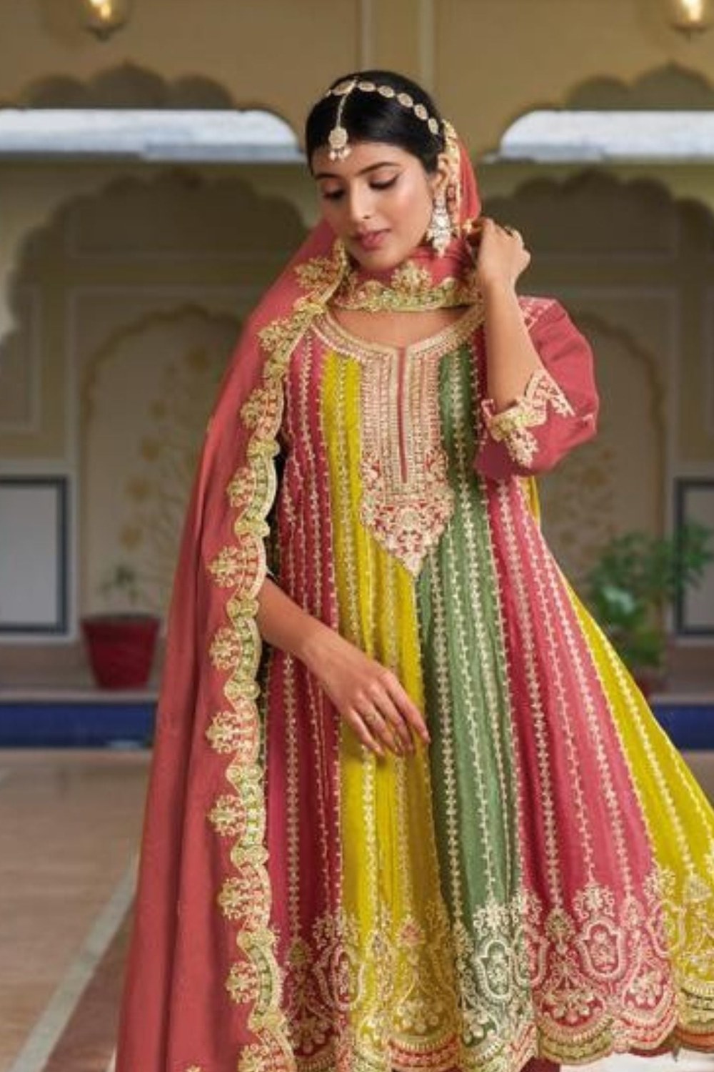 Multicolor Chinon Silk Plazo For Indian Festivals & Weddings - Embroidery Work - close-up view
