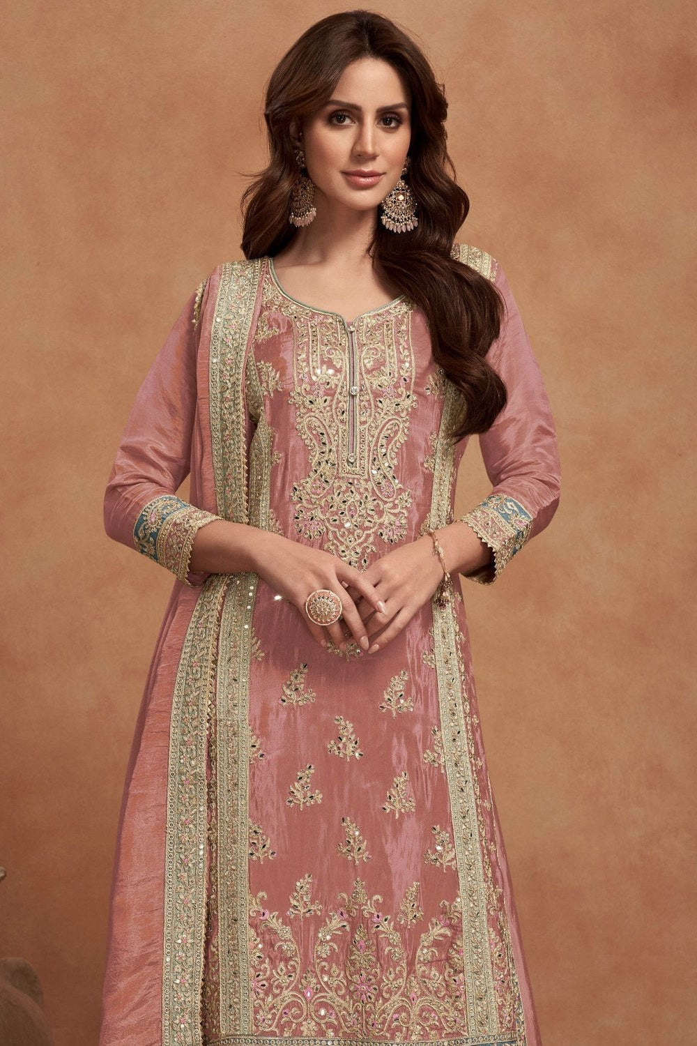 Peach Simar Silk Plazo Suit For Indian Festivals & Weddings - Embroidery Work - close-up view