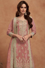Peach Simar Silk Plazo Suit For Indian Festivals & Weddings - Embroidery Work - close-up view