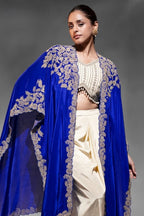 Blue Crepe Blouse With Skirt & Shrug For Indian & Pakistani Wedding Festival - Dori Work, Embroidery Work - close-up view
